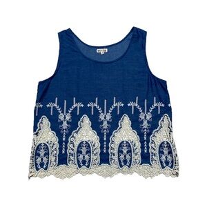 Woven Heart Tank Top Women’s L Blue Chambray Crochet Casual Sleeveless Shirt